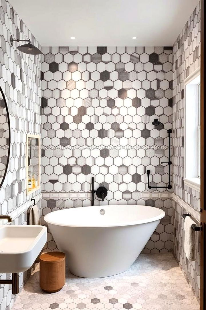 Innovative Pattern Layouts - 22 Bathrooms With Hexagon Tile Floors
