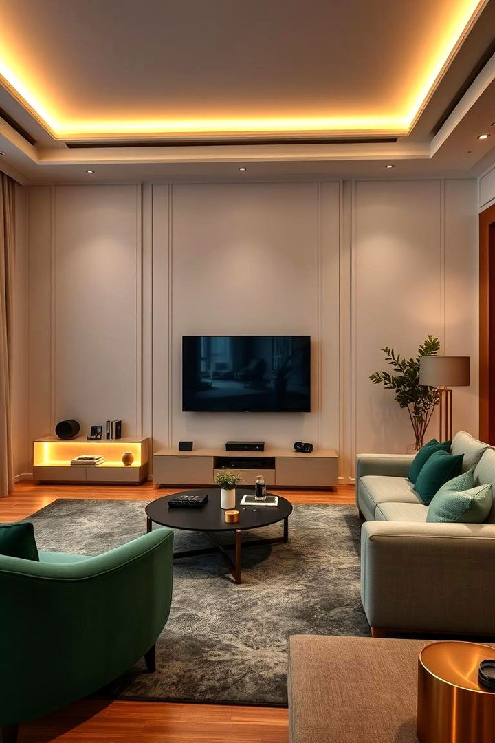 Innovative Smart Tech Integration - 22 Emerald Green and Gold Living Room Ideas