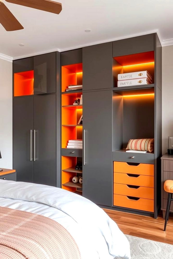 Innovative Storage Solutions with Color Accents - 22 Burnt Orange Bedroom Ideas