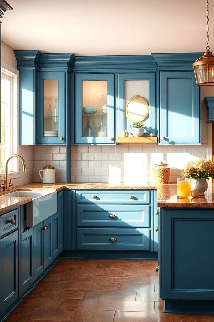 Inspiring Culinary Creativity in Dynamic Spaces - 22 blue kitchen cabinets with brown granite countertops