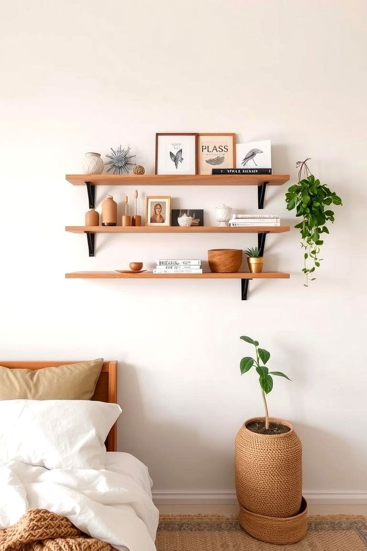 Installing Floating Shelves for Decor and Storage - 22 Small Boho Bedroom Ideas