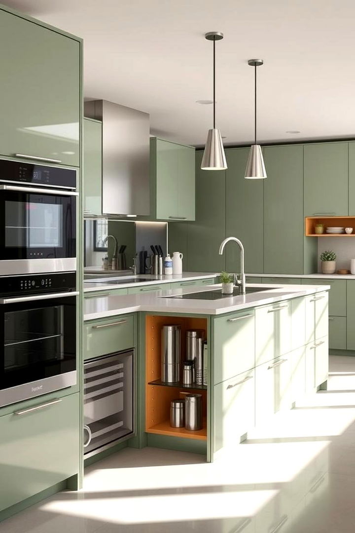 Integrated Appliances in a Sage Green Island - 22 Sage Green Kitchen Island Ideas