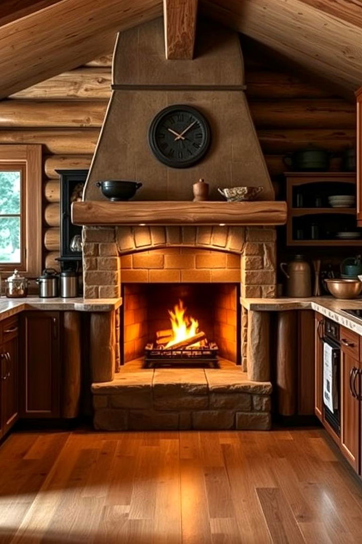 Integrated Fireplace Cooking Area - 22 Log Cabin Kitchen Design Ideas