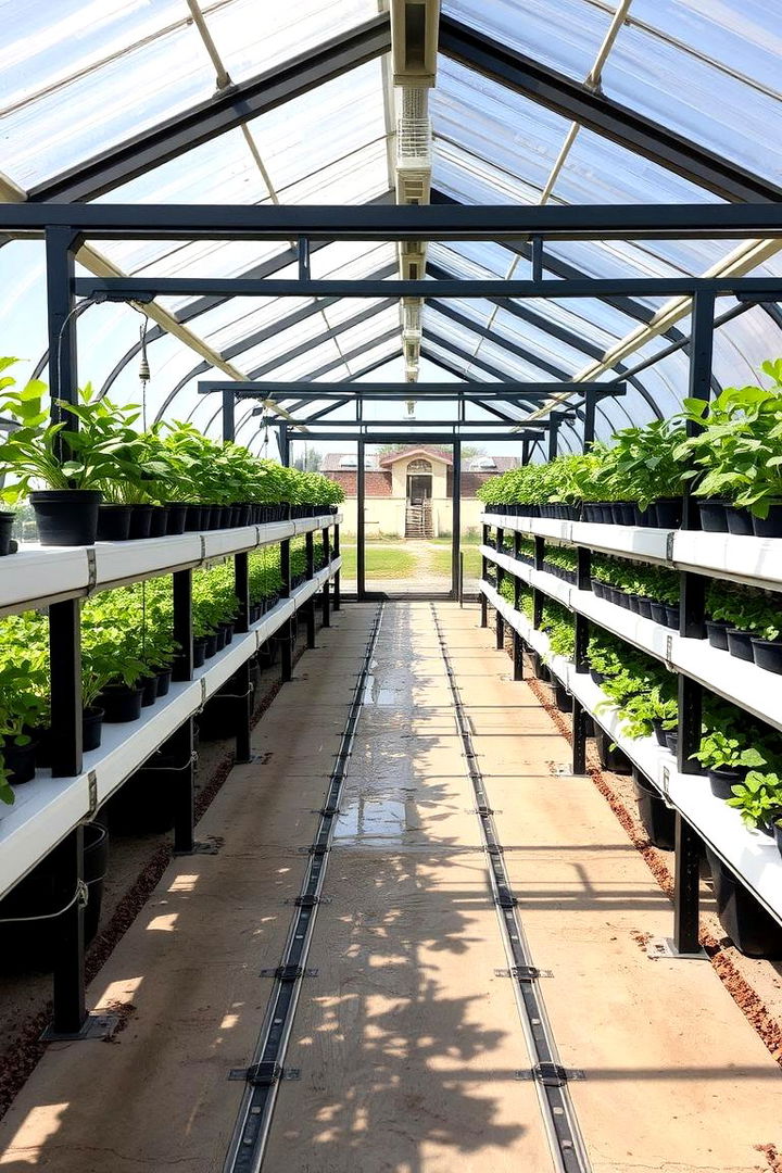 Integrated Planter Shelves with Embedded Irrigation - 22 Greenhouse Shelving Ideas
