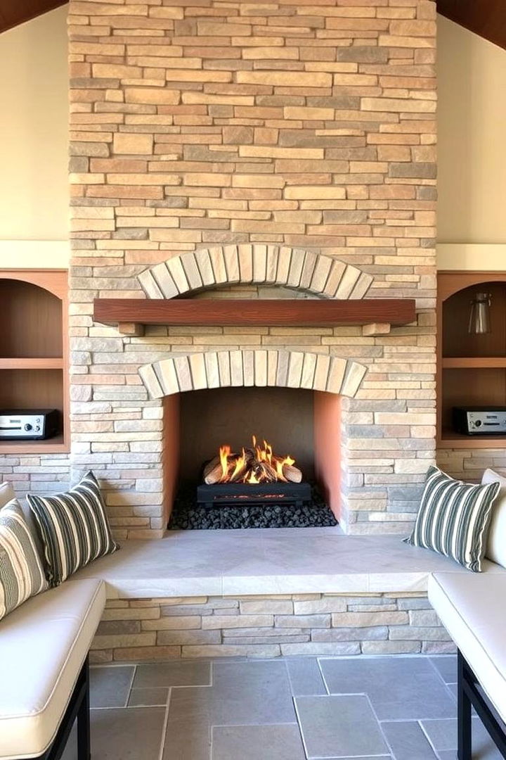 Integrated Seating Feature - 22 Stacked Stone Fireplace Ideas