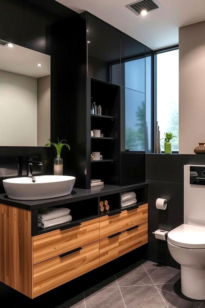 Integrated Storage Solutions - 22 Black and Wood Bathroom Ideas