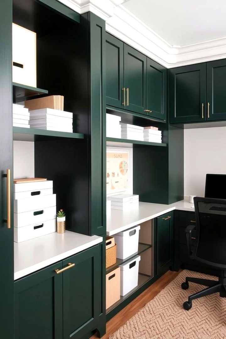 Integrated Storage in Dark Green Neutrals - 22 Dark Green Home Office Ideas