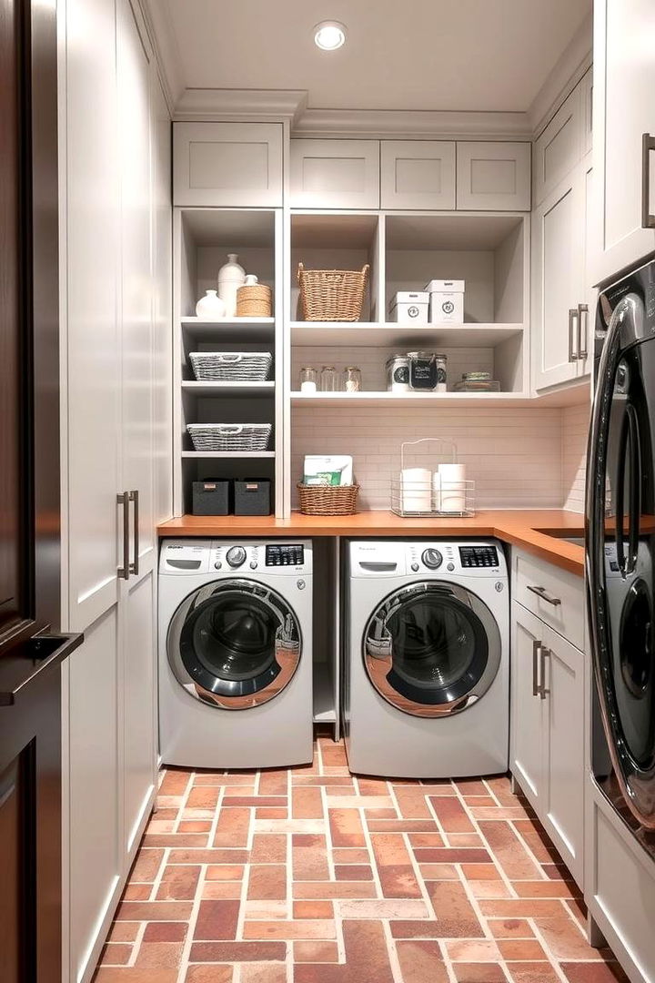 Integrating Stylish Storage Solutions - 22 Brick Floor Laundry Room Ideas