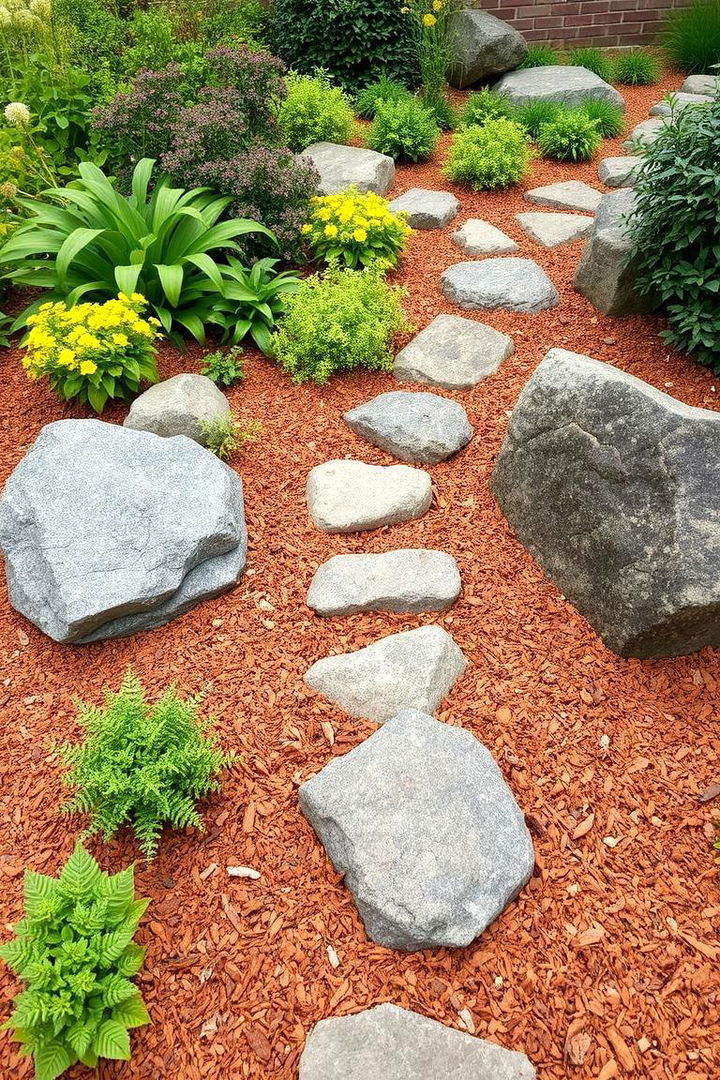 Integrating Vegetation with Strategic Mulch and Rocks Placement - 22 Front Yard Landscaping Ideas With Rocks and Mulch