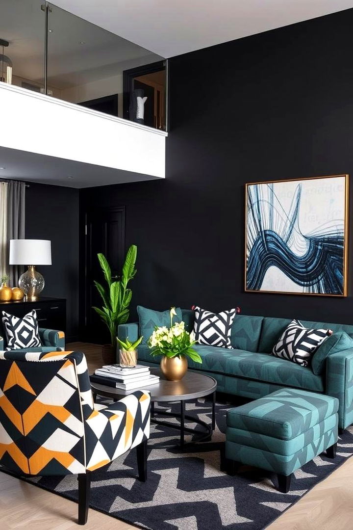 Interestingly Geometric Patterns Energize Spaces - 22 Contrasting Living Rooms With Dark Grey Walls