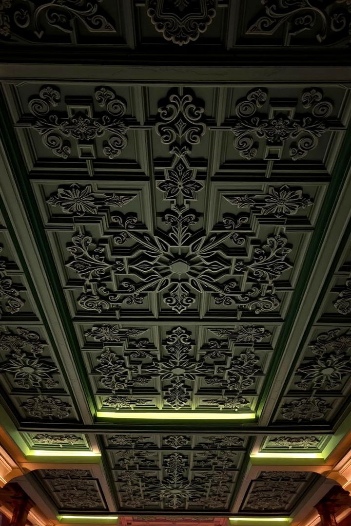 Intricate Ceiling Details in Dark Green - 22 Dark Green Bedroom Ideas