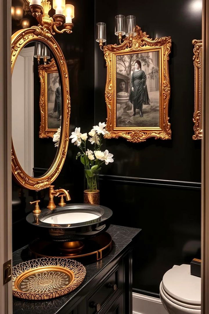 Intricate Gold Accented Accessories - 22 black and gold powder room ideas