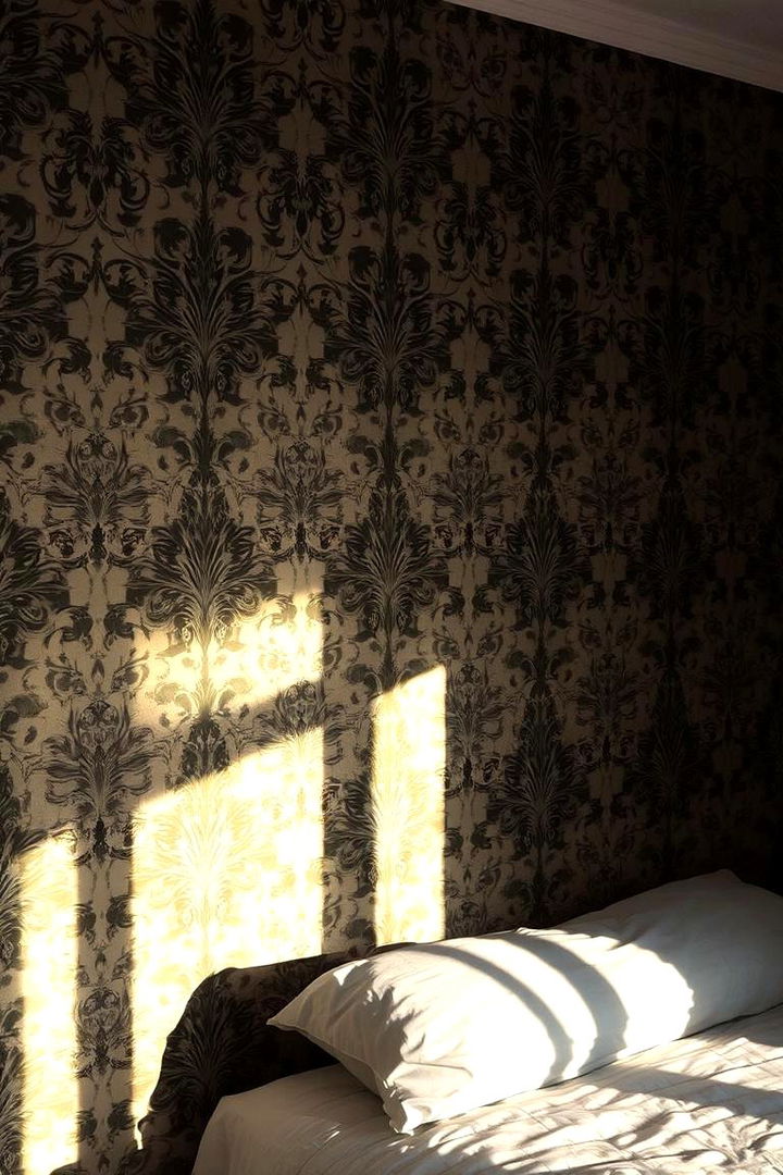 Intricate Patterned Accent Walls - 22 dark academia bedroom ideas