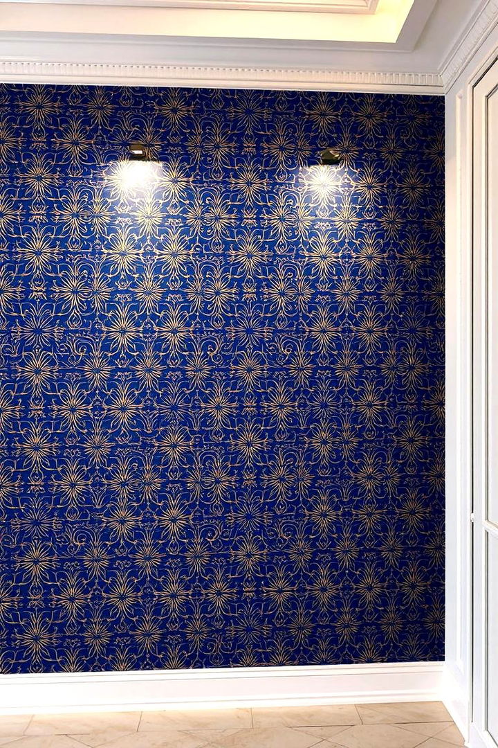 Intricate Patterned Walls - 22 Blue and Gold Living Room Ideas