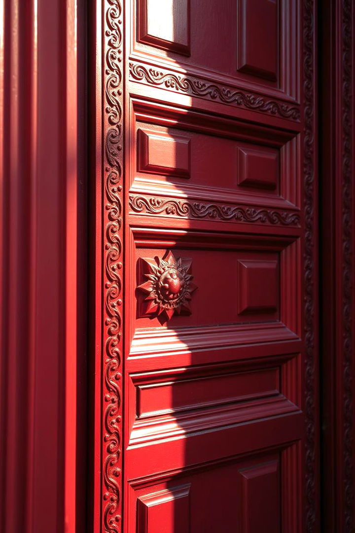 Intricate Patterns and Molding - 22 Dark Red Front Door Ideas
