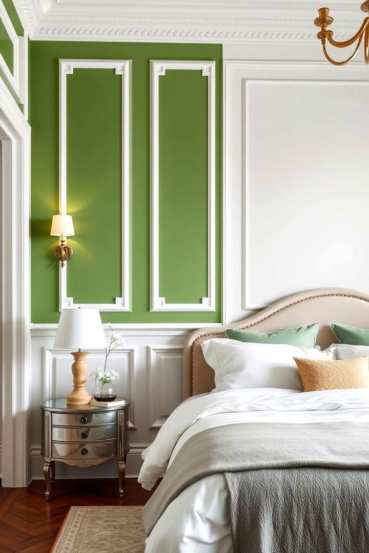 Intricate White Trims and Green Walls - 22 Green and White Bedroom Ideas