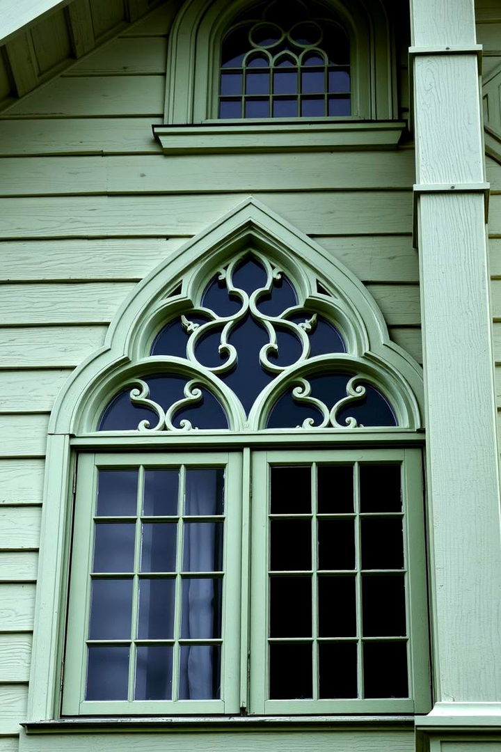 Intricate Window and Roof Details - 22 Sage Green House With Black Door