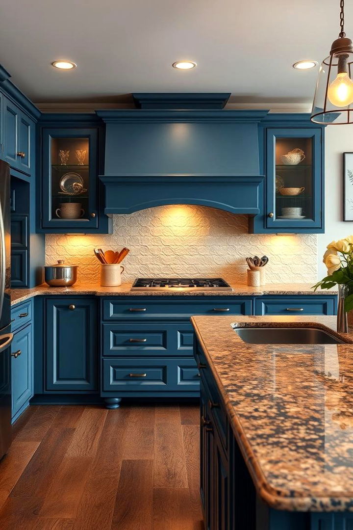 Inviting Ambience and Cozy Vibes - 22 blue kitchen cabinets with brown granite countertops