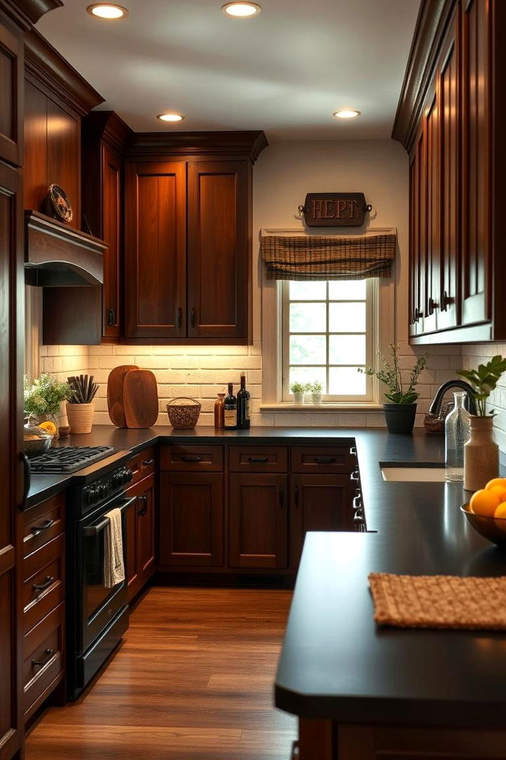 Inviting Atmosphere for Family Gatherings - 22 Brown Kitchen Cabinets With Black Countertops