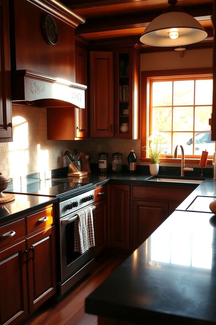 Inviting Cozy Environment - 22 kitchen with brown cabinets and black countertops ideas