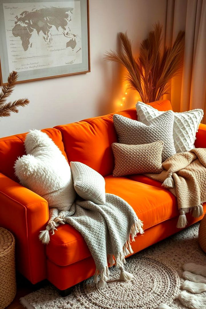 Inviting Cozy Textures - 22 Orange Couch Living Room Ideas