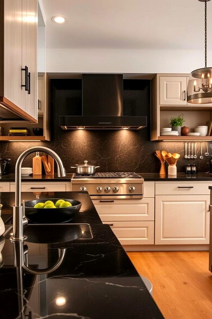Inviting Culinary Environment - 22 kitchen with dark countertops and light cabinets