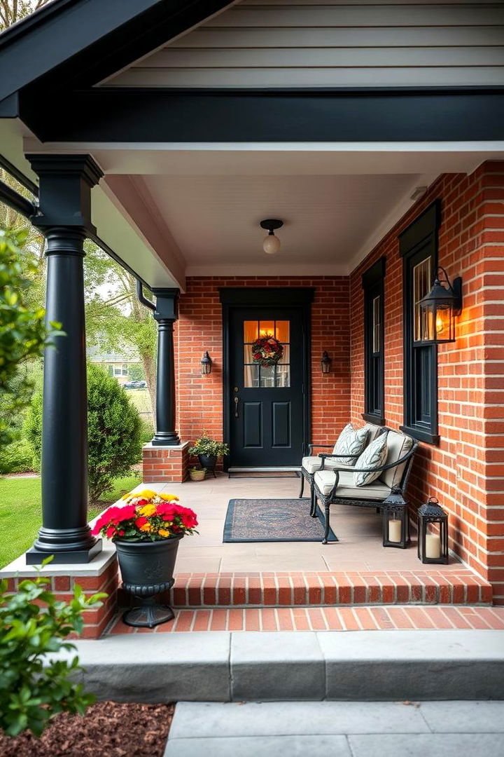 Inviting Front Porch Details - 22 Red Brick House with Black Trim Design Ideas