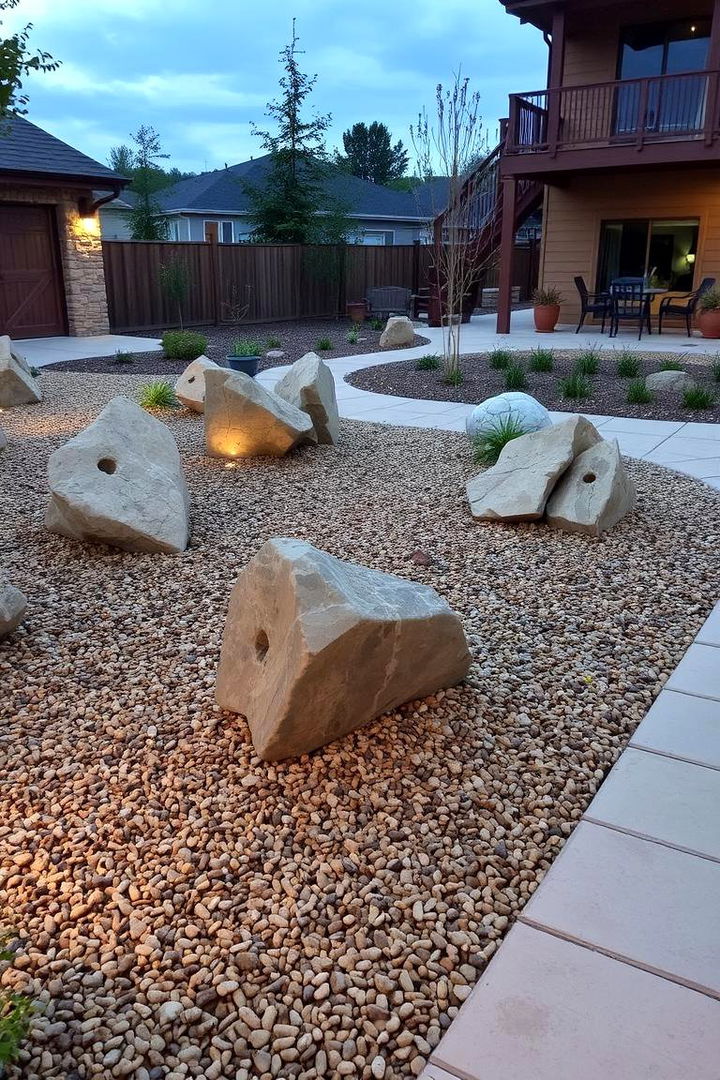 Inviting Outdoor Space Featuring Rock Sculptures and Mulch Beds - 22 Front Yard Landscaping Ideas With Rocks and Mulch