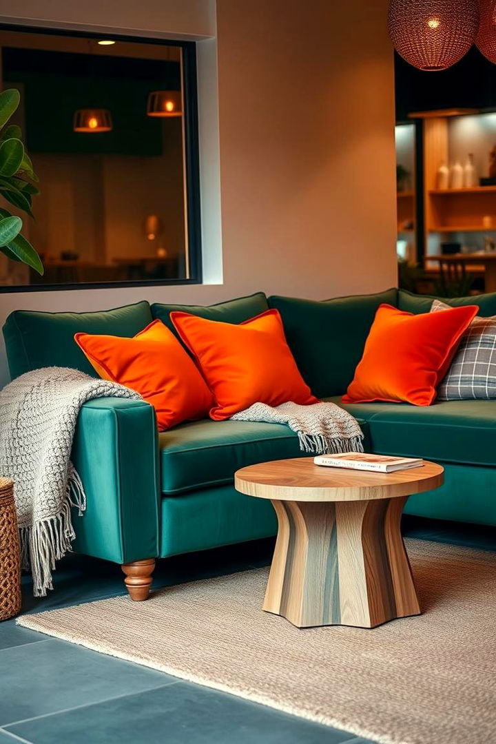 Inviting Statement Sofa - 22 Green and Orange Living Room Ideas