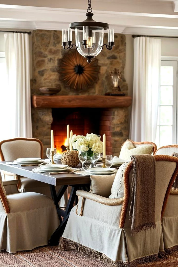 Inviting Textures and Fabrics - 22 Dining Room With Fireplace
