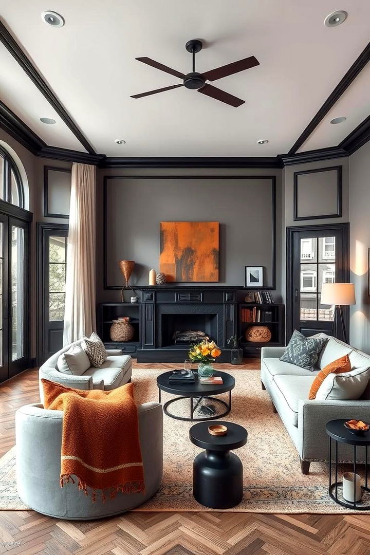Inviting Warmth Amidst Cool Tones - 22 living room grey walls black trim