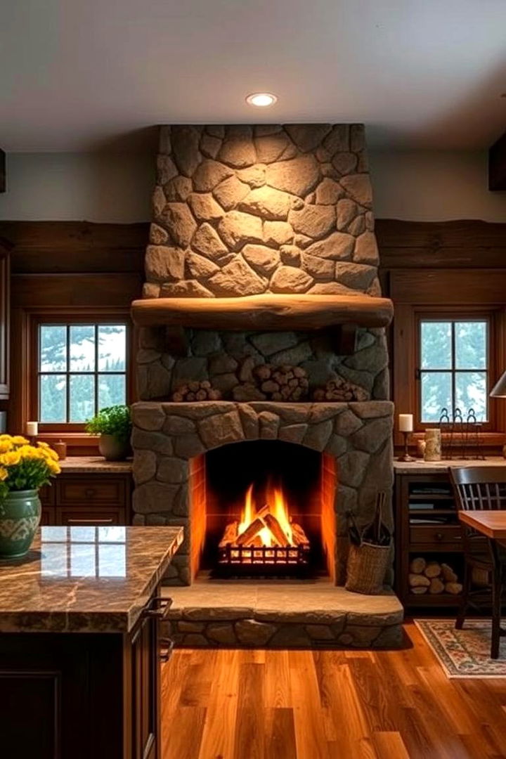 Kitchen Fireplace Feature - 22 Mountain House Kitchen Ideas