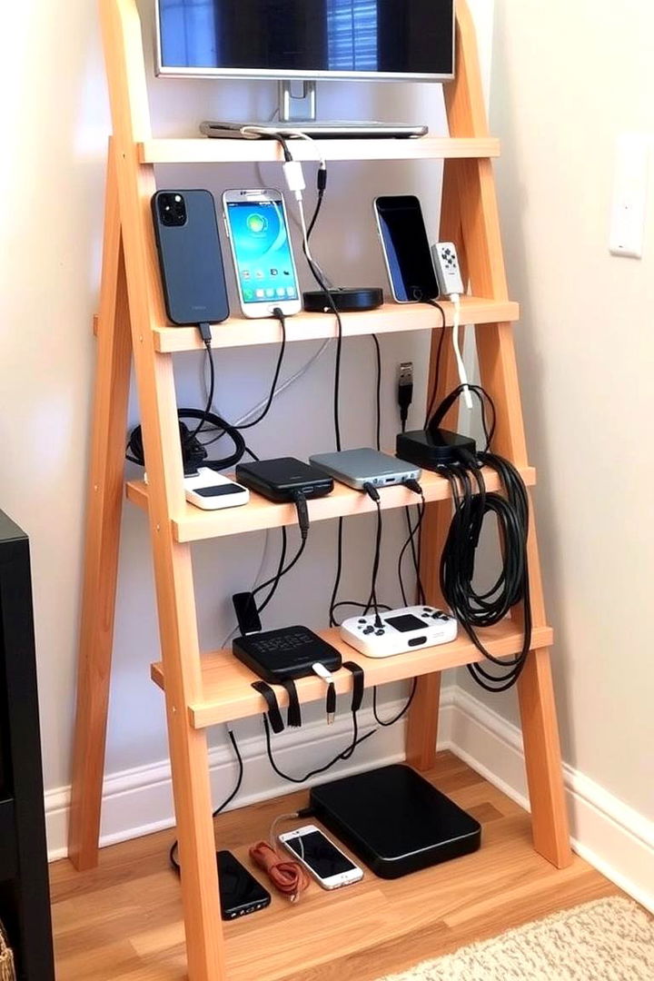 Ladder Charging Station Organizer - 22 Ladder Storage Ideas