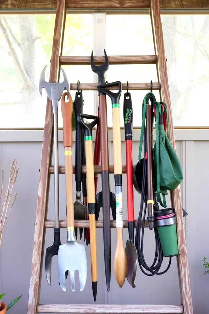 Ladder Garden Tool Organizer - 22 Ladder Storage Ideas
