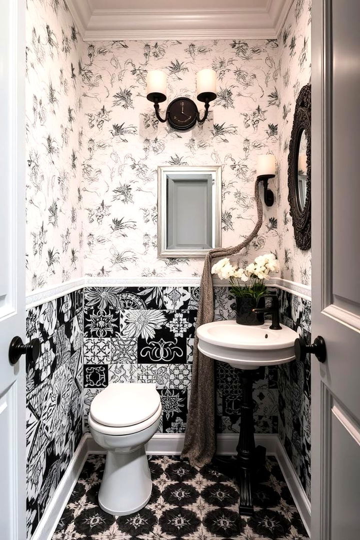 Layered Accents and Patterned Textiles - 22 Black and White Powder Room Ideas