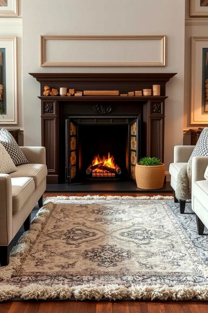 Layered Area Rugs with Plush Seating - 22 Fireplace Seating Ideas