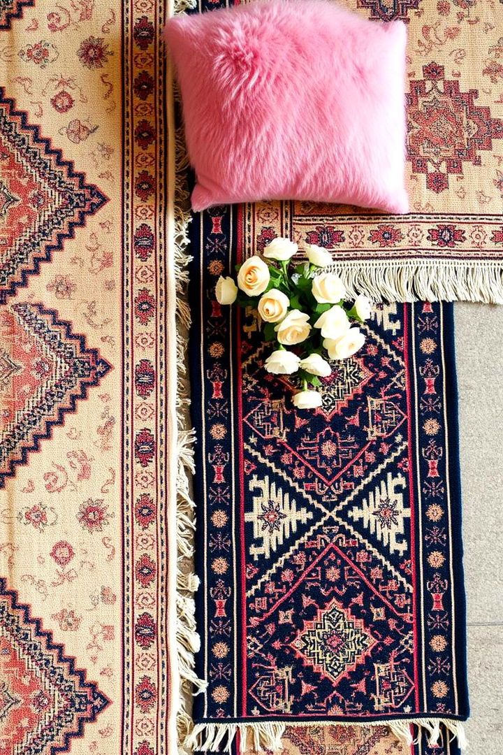 Layered Bohemian Rugs - 22 Pink Boho Bedroom Ideas