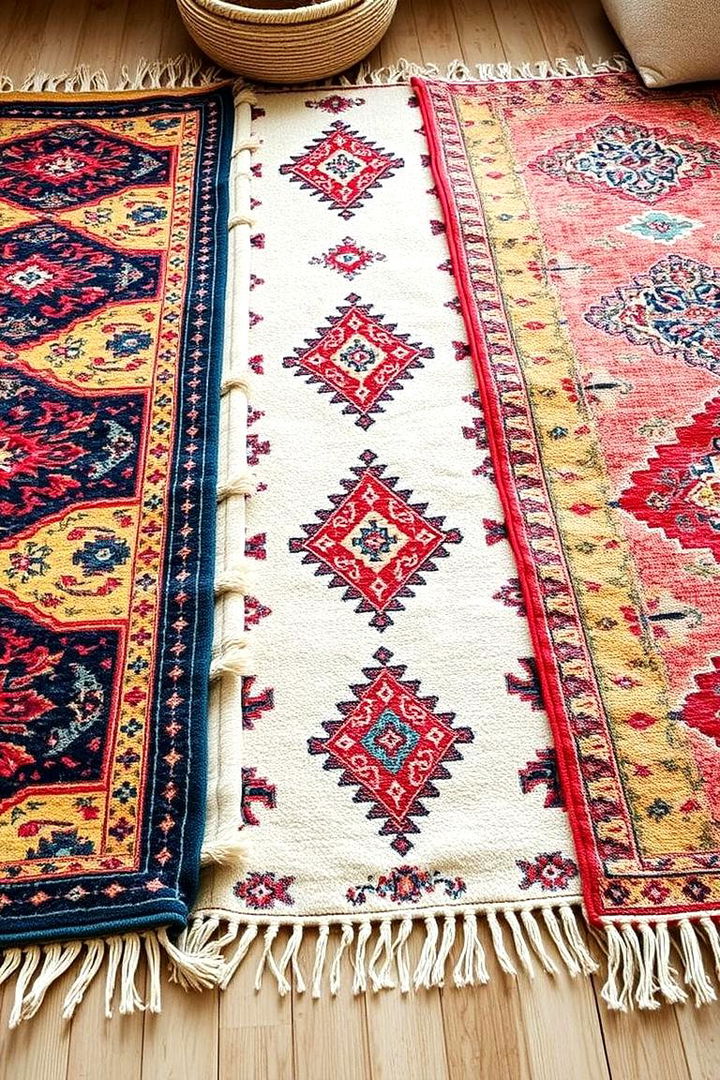 Layered Bohemian Rugs - 22 Boho Beach Bedroom Ideas