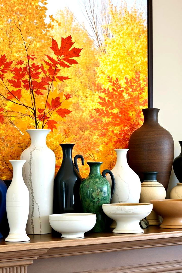Layered Decor With Vases and Bowls - 22 Fall Mantel Decor Ideas