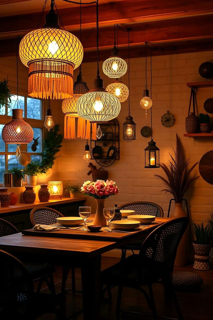 Layered Lighting Ambiance - 22 Boho Dining Room Ideas