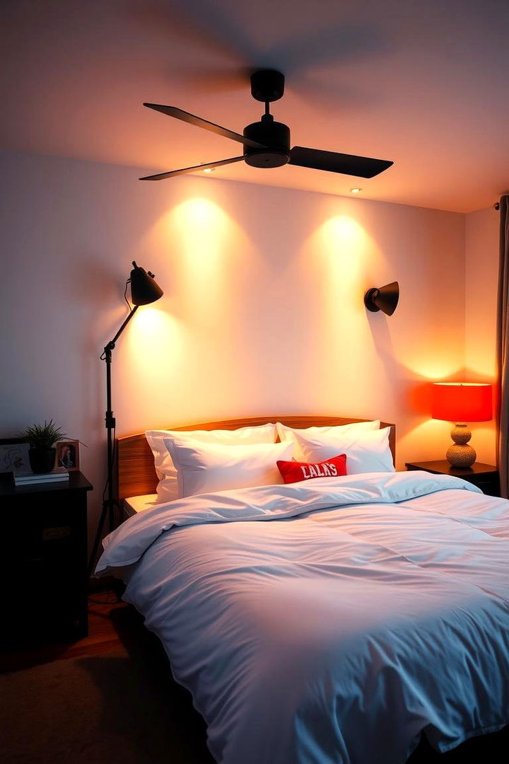 Layered Lighting Drama - 22 red black and white bedroom ideas