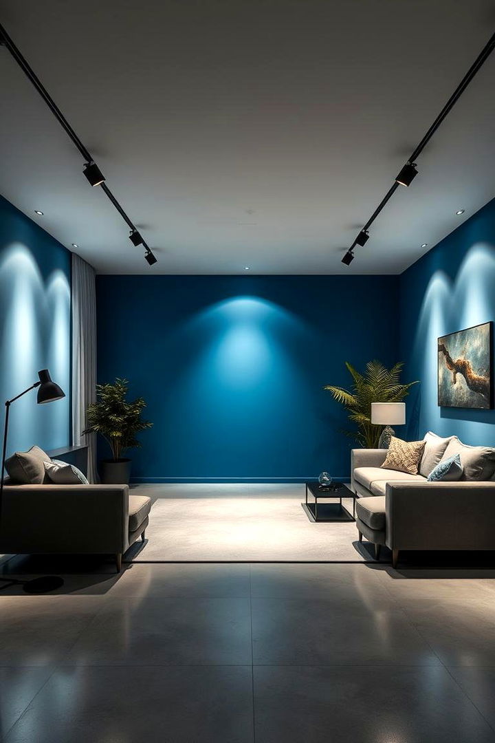 Layered Lighting Effects - 22 grey floor living room with blue walls ideas