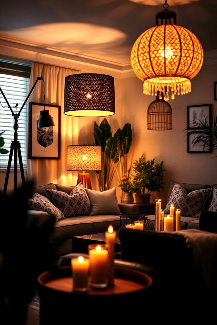 Layered Lighting for Ambiance Enhancement - 22 Black Boho Living Room Ideas