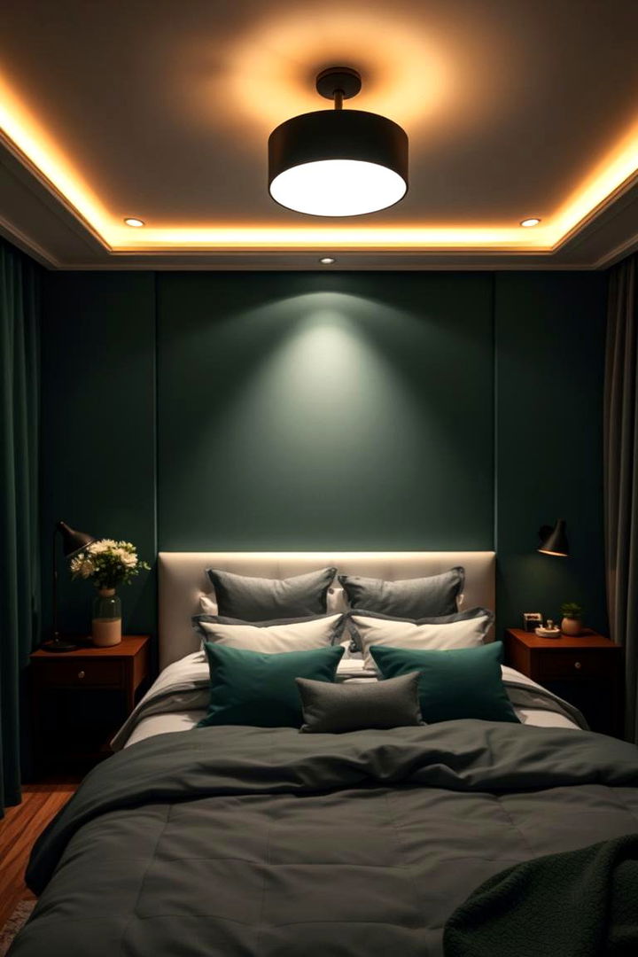 Layered Lighting to Enhance Dark Green Ambience - 22 Dark Green Bedroom Ideas