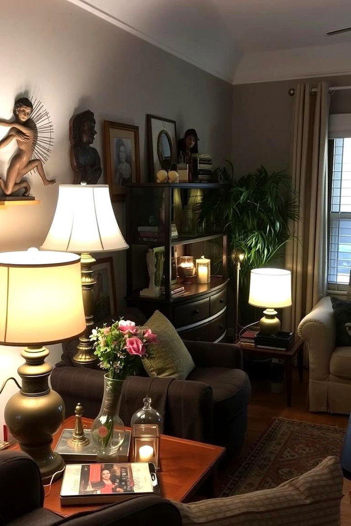 Layered Lighting with Thrifted Table Lamps - 22 Budget Apartment Living Room Ideas