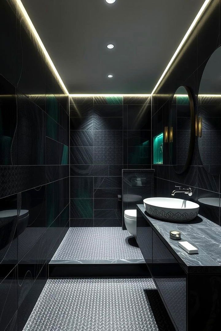 Layered Materials and Patterns - 22 Black and Green Bathroom Ideas