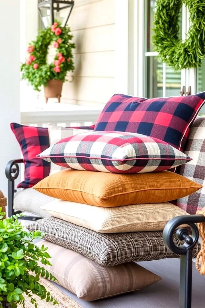 Layered Outdoor Cushions with Fall Fabrics - 22 Fall Porch Decor Ideas