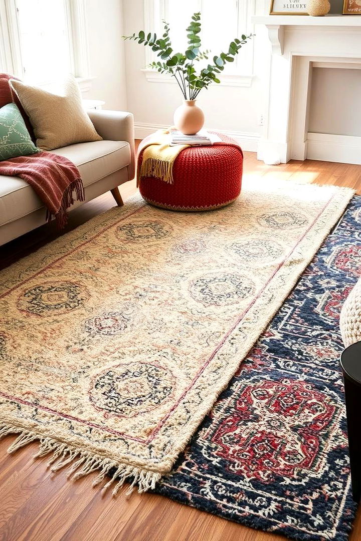 Layered Rugs for Cozy Warmth - 22 Shabby-chic Style Living Room Ideas