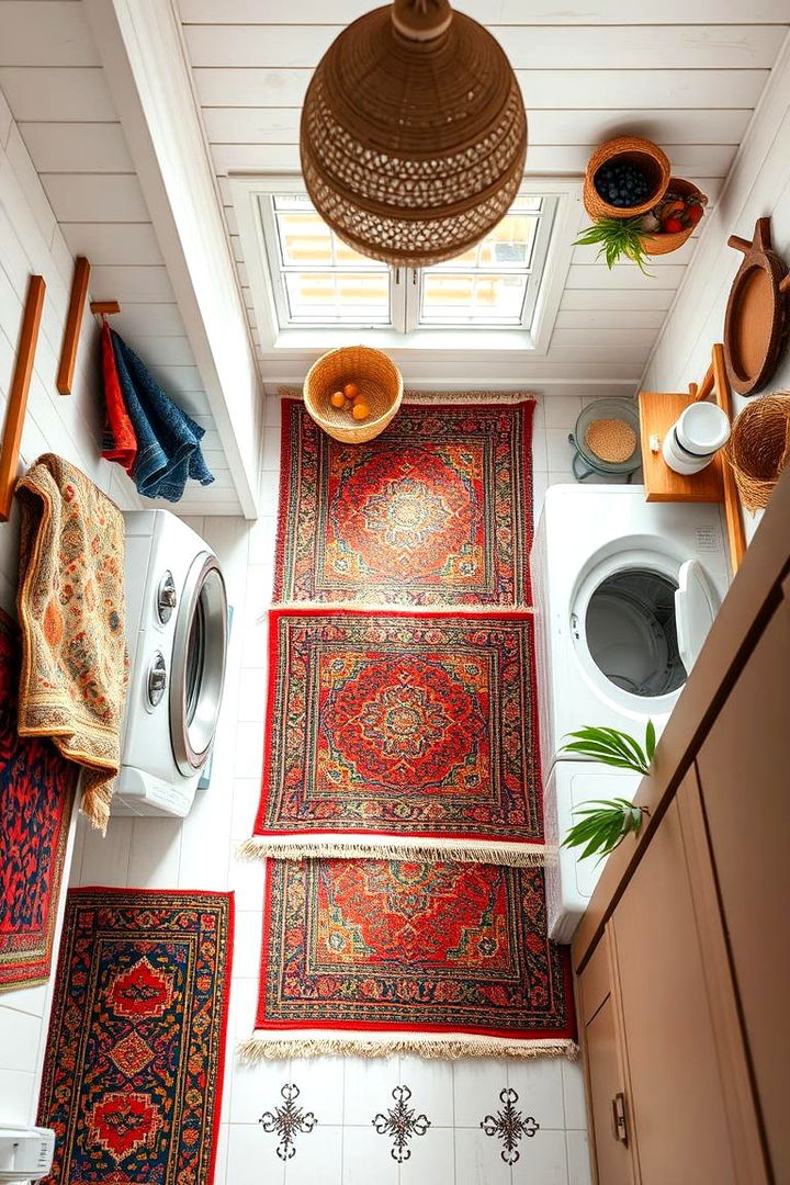 Layered Rugs for Warmth - 22 Boho Laundry Room Ideas