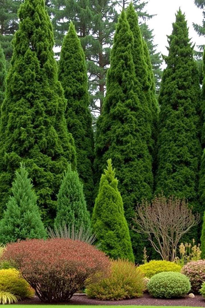 Layered Structure with Tall Evergreens - 22 Front Yard Evergreen Landscaping Ideas